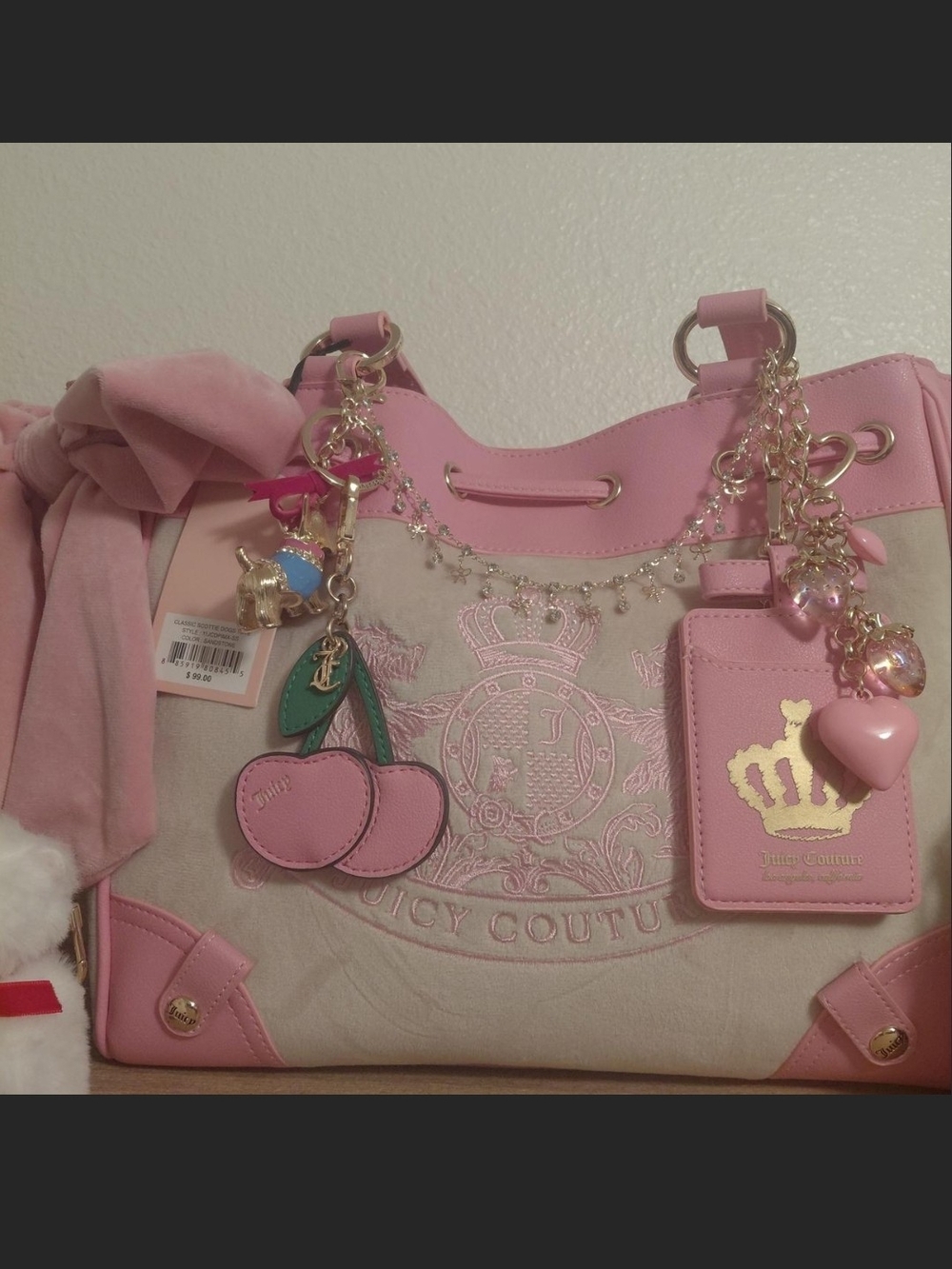Juicy Couture Pink and Cream Embroidered Crest Tote with Card Holder